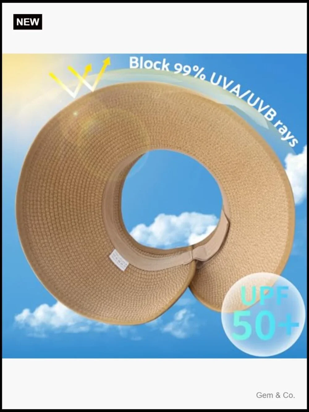 Wide Brim Sun Hat Roll-Up Beach Ponytail Visor Packable Travel